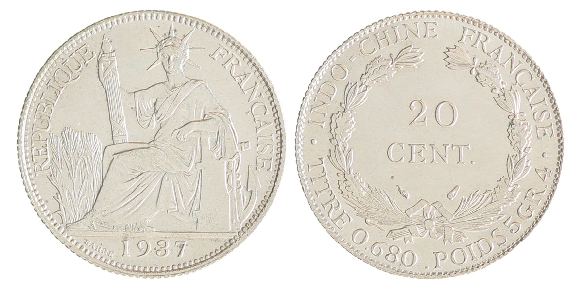 French Indochina. 20 Cent. 1937. UNC.