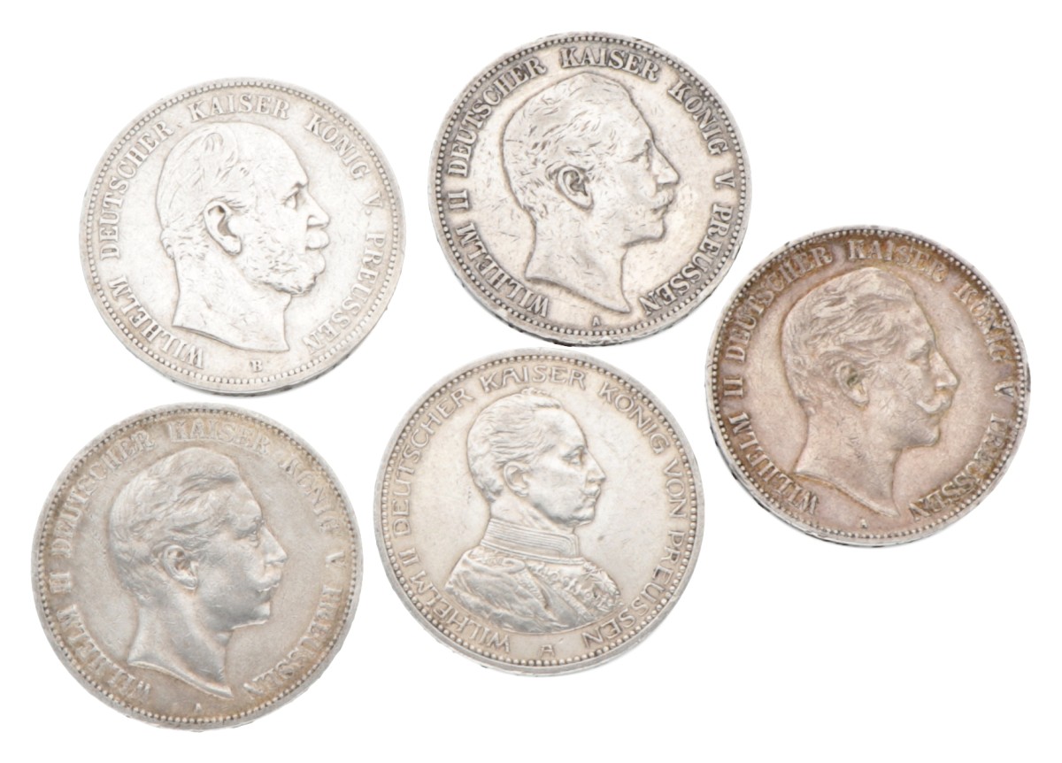 German states. Prussia. Wilhelm - Wilhelm II. Lot (5) 5 Silver Coins. 1875 - 1914.