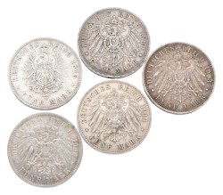 German states. Prussia. Wilhelm - Wilhelm II. Lot (5) 5 Silver Coins. 1875 - 1914.