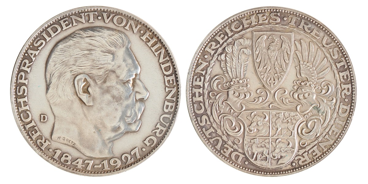 Germany. Weimar republic. 5 Mark - 80th birthday of Paul von Hindenburg. N.D. (1927).