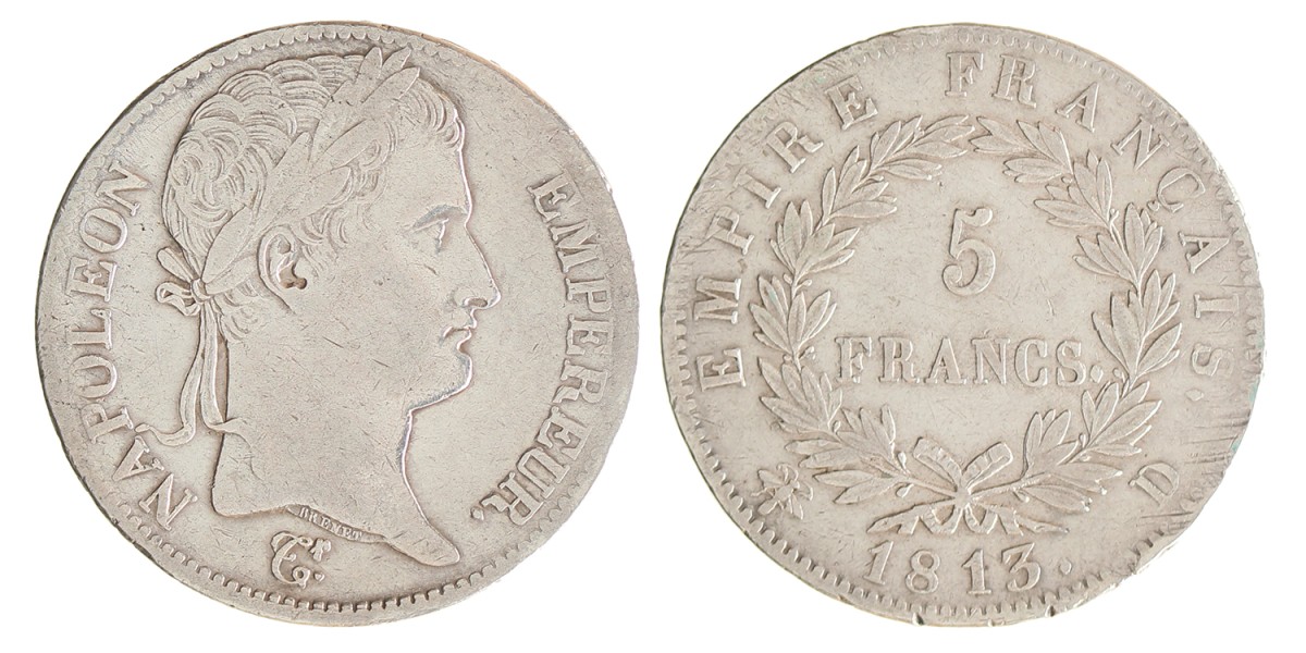 France. Napoleon. 5 Francs. 1813 D.