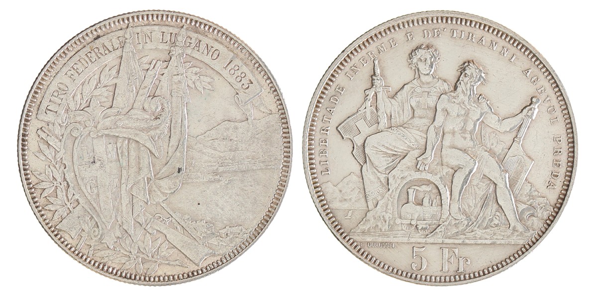 Switzerland. 5 Francs - Lugano shooting Festival. 1883.
