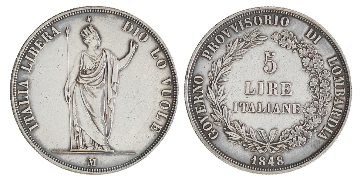 Italian states. Lombardy. Provisional government. 5 Lire. 1848.