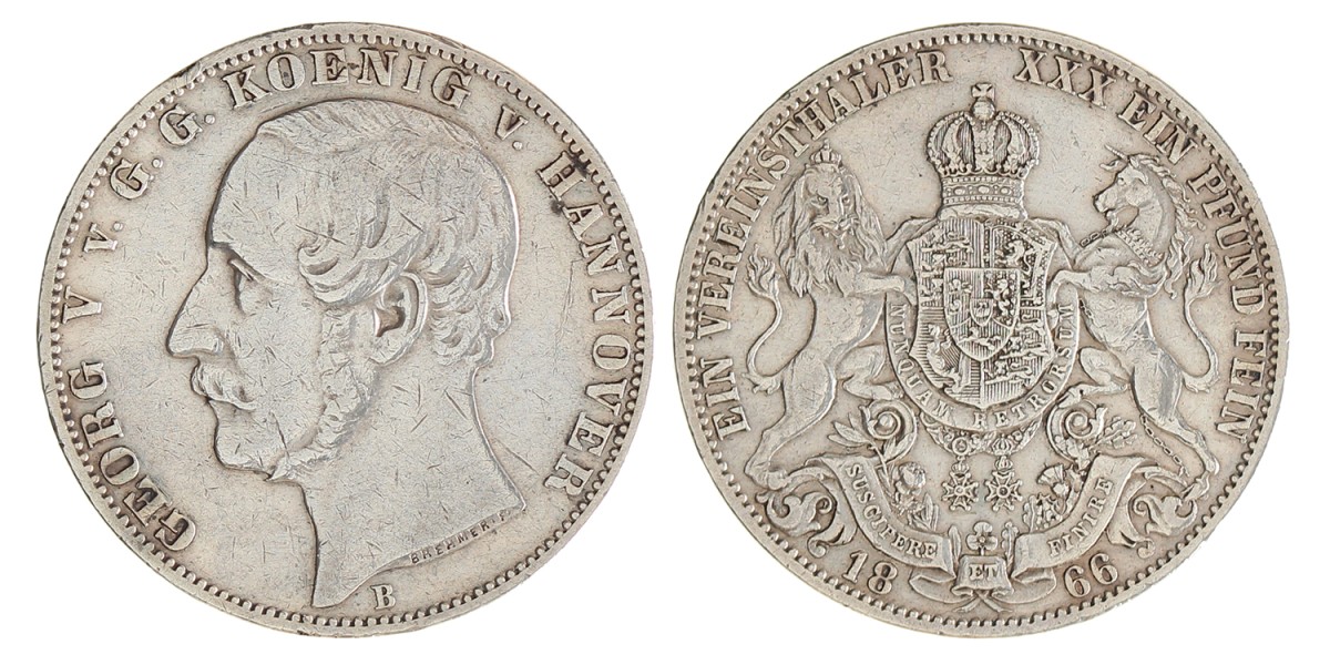 German states. Hannover. George V. Thaler. 1866 B.