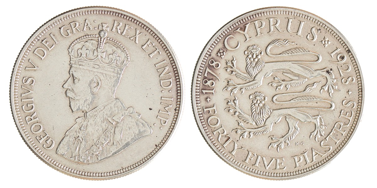 Cyprus. British colony. George V. 45 Piastres. 1928.