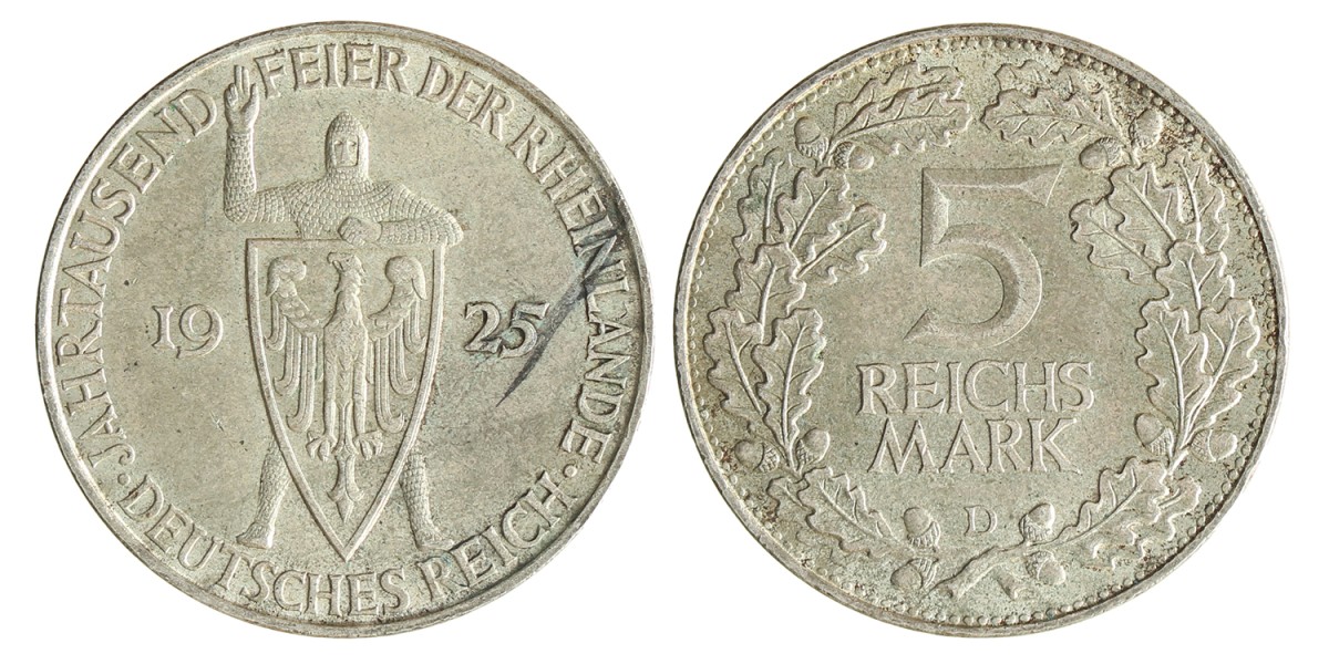 Germany. Weimar republic. 5 Mark - 1000th anniversary of the Rhineland. 1925 D.