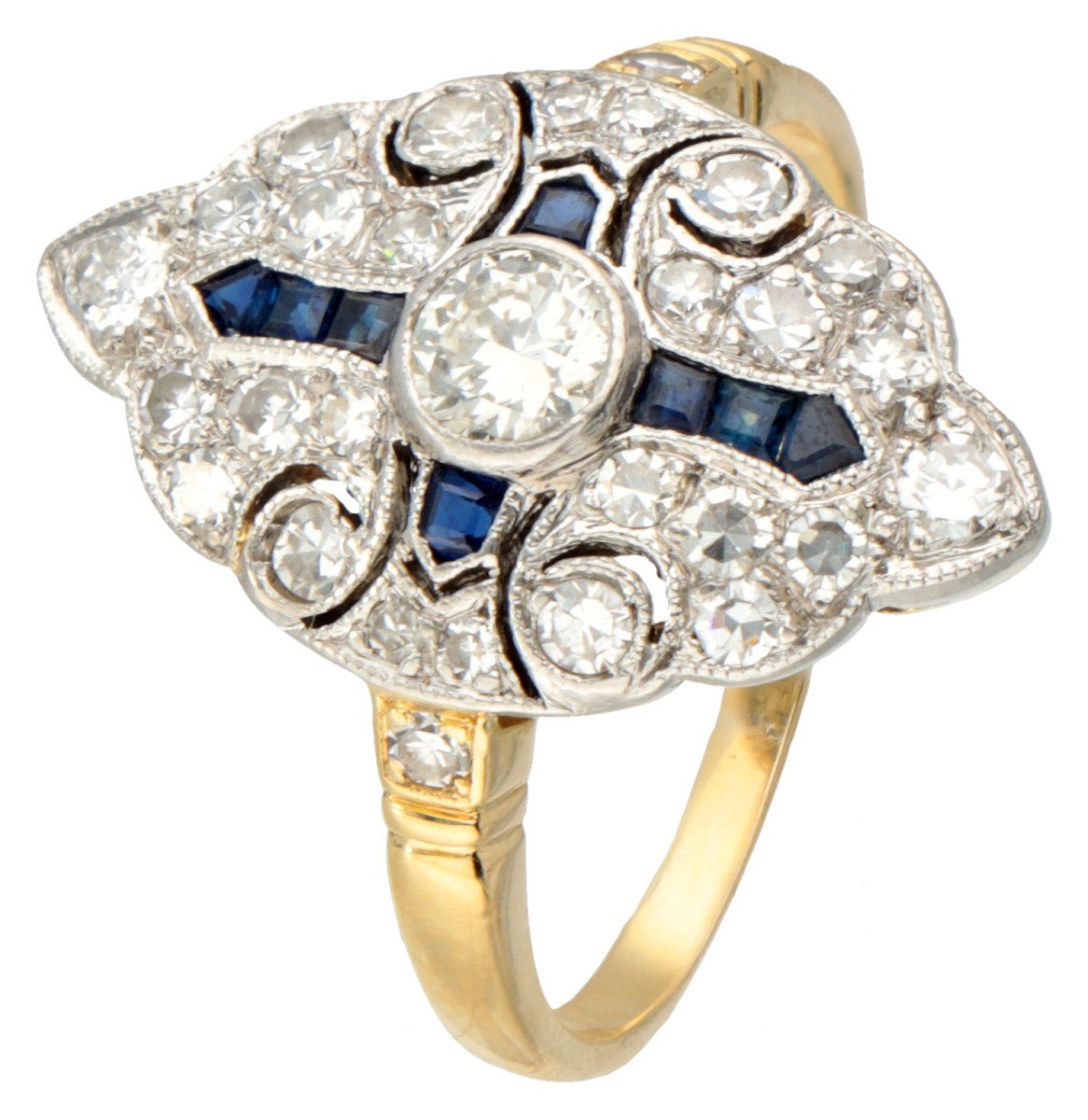 18 kt. Geelgouden art deco navette ring bezet met ca. 0.78 ct. diamant en saffier.