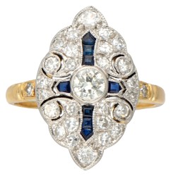 18 kt. Geelgouden art deco navette ring bezet met ca. 0.78 ct. diamant en saffier.