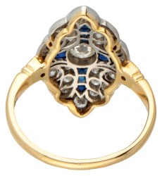 18 kt. Geelgouden art deco navette ring bezet met ca. 0.78 ct. diamant en saffier.