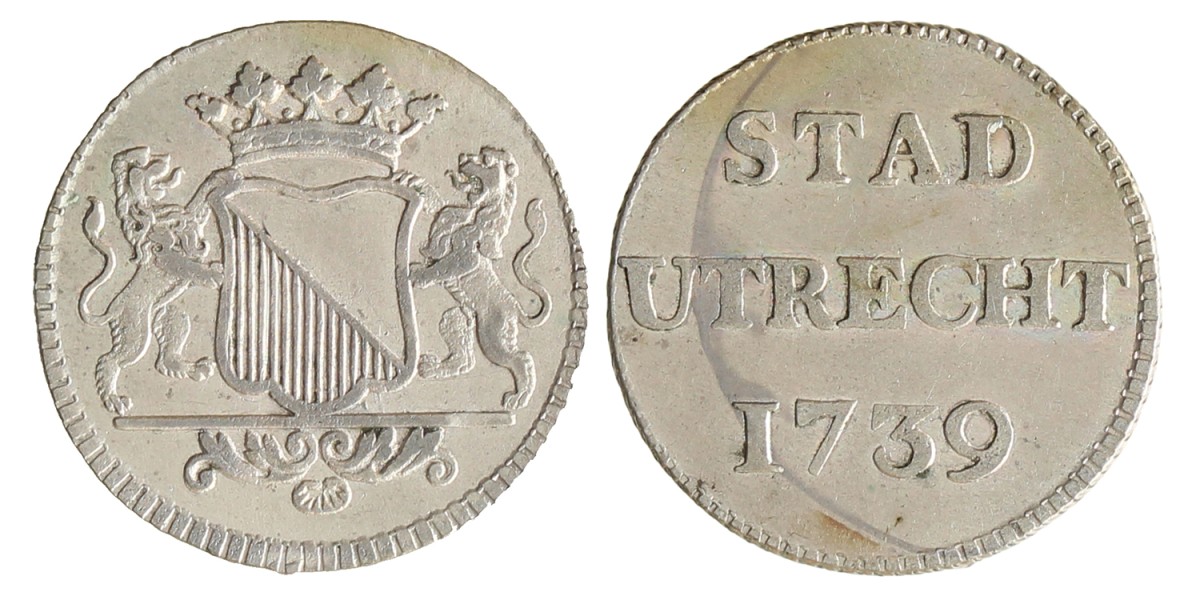 Duit - Afslag in zilver. Utrecht stad. 1739. Zeer Fraai / Prachtig.
