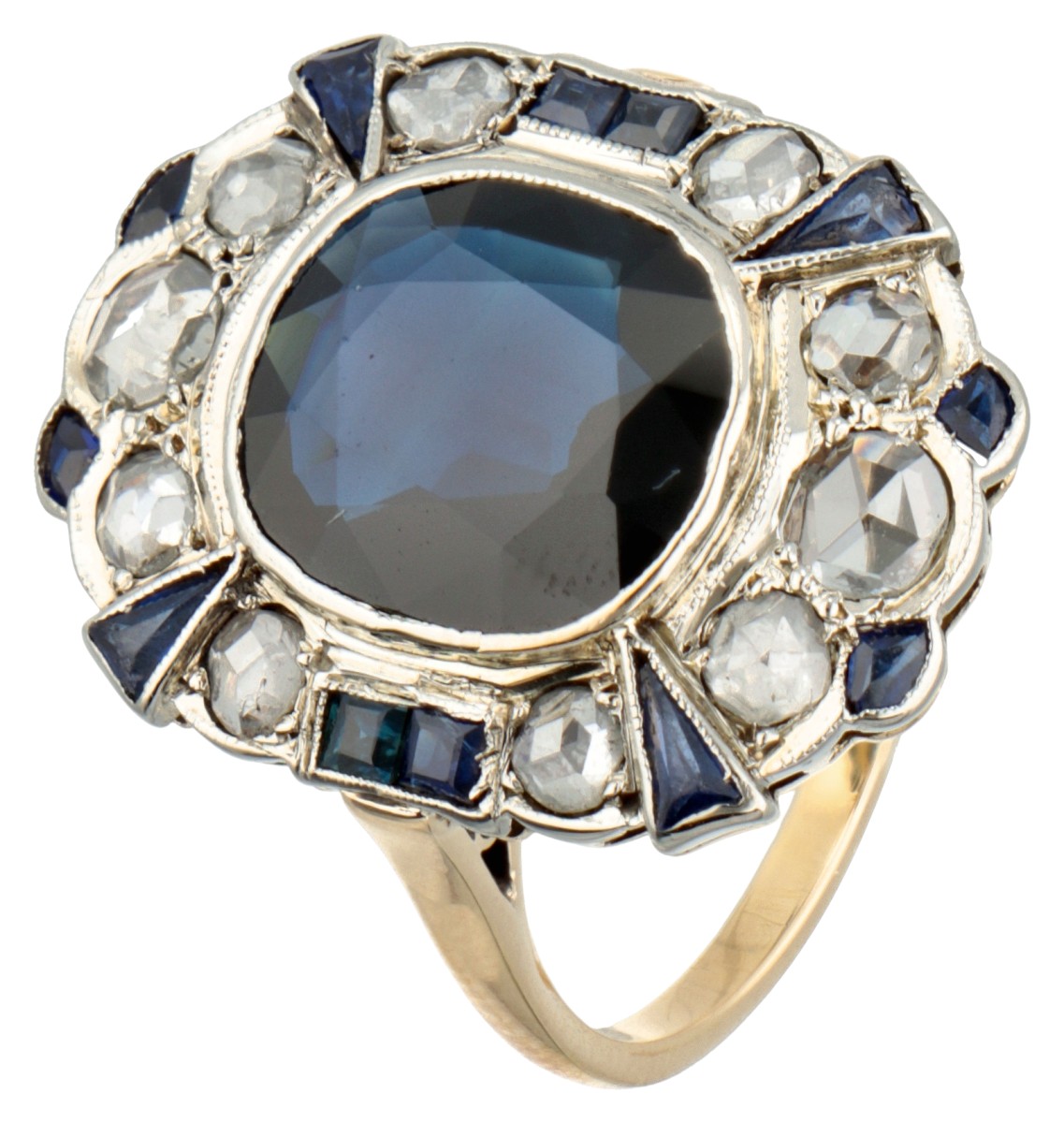 Art deco 14 kt. geelgouden dinner ring bezet met ca. 2.90 ct. natuurlijke saffier en diamant.