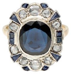 Art deco 14 kt. geelgouden dinner ring bezet met ca. 2.90 ct. natuurlijke saffier en diamant.