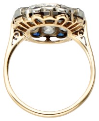 Art deco 14 kt. geelgouden dinner ring bezet met ca. 2.90 ct. natuurlijke saffier en diamant.