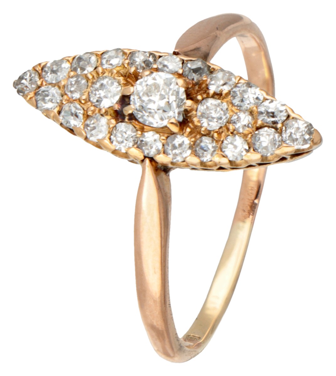 Antieke 14 kt. roségouden navette ring bezet met ca. 0.42 ct. diamant.