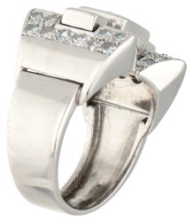 Retro Pt 850 platina strikvormige tank ring bezet met ca. 0.95 ct. diamant.