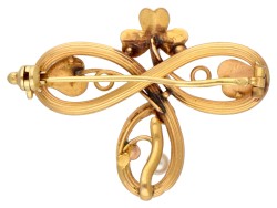 18 kt. Geelgouden art nouveau broche met bladeren en zaadparels.