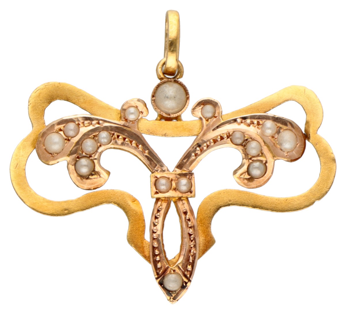 18 kt. Geelgouden art nouveau hanger bezet met zaadparel.