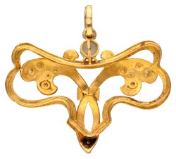 18 kt. Geelgouden art nouveau hanger bezet met zaadparel.