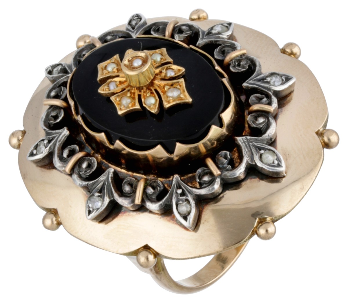 Vintage 14 kt. geelgouden cocktail ring bezet met diamant, zaadparel en onyx.