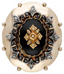 Vintage 14 kt. geelgouden cocktail ring bezet met diamant, zaadparel en onyx.