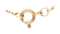 14 kt. Geelgouden collier en antieke hanger bezet met zaadparel en granaat.