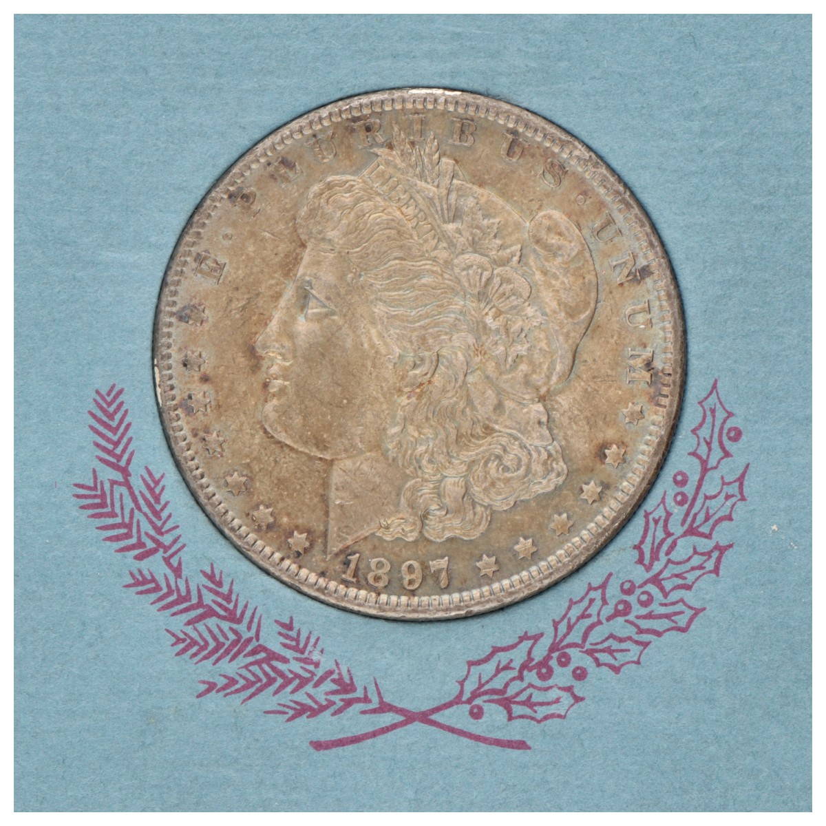 USA. 'Morgan' dollar - Inside a christmas greeting card (1956) from Norelco to a company in Drachten (NL). 1897.