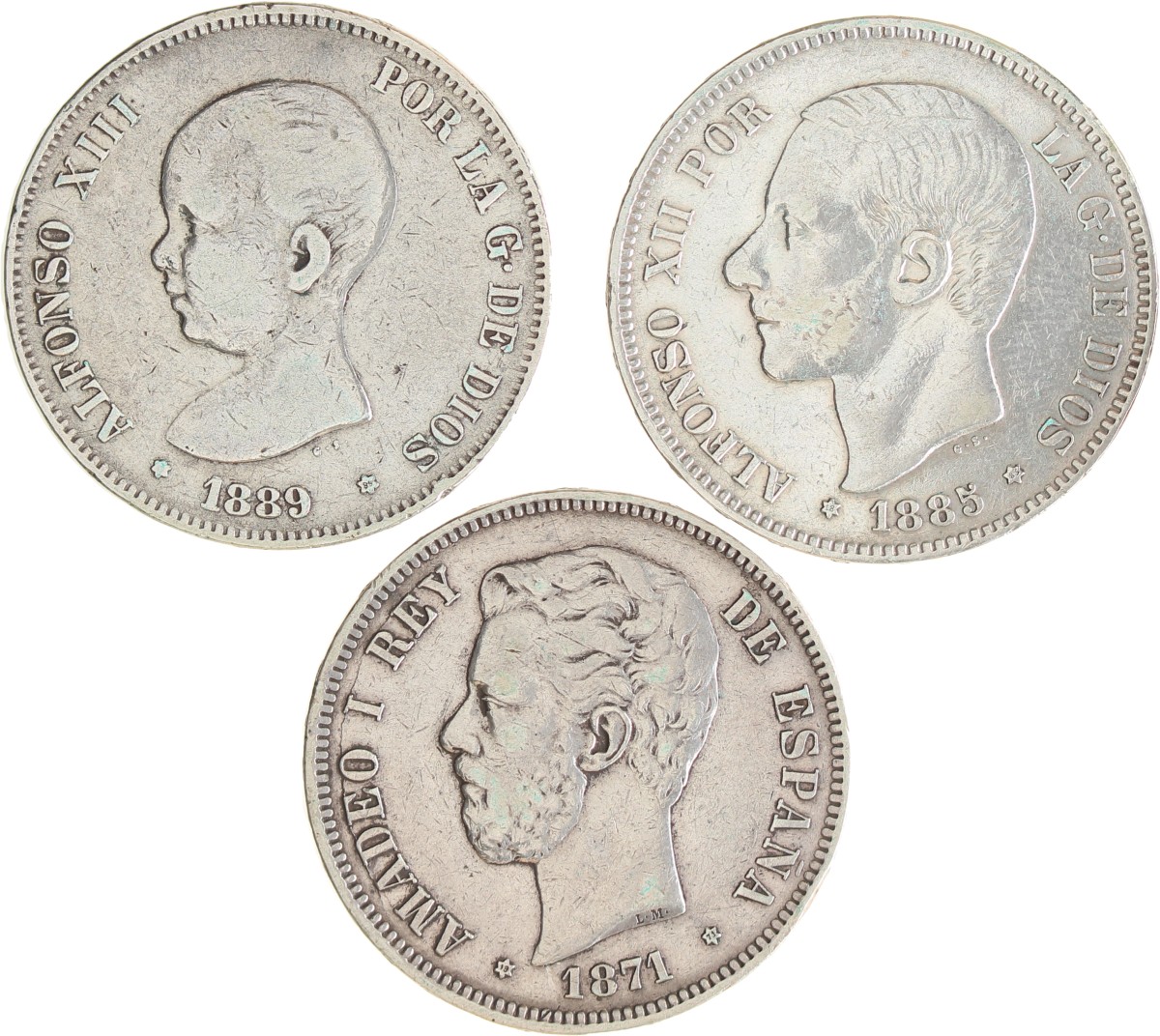 Spain. Kingdom. Amadeo I, Alfonso XII and Alfonso XIII. Lot (3) 5 Pesetas. 1871, 1885 and 1895.