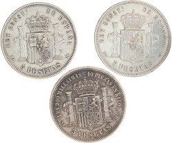 Spain. Kingdom. Amadeo I, Alfonso XII and Alfonso XIII. Lot (3) 5 Pesetas. 1871, 1885 and 1895.