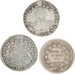 Bolivia. Republic. Lot (3) 4 Soles and 50 Centavos. 1830 PTS FJ, 1857 PTS IL and 1898 CB.