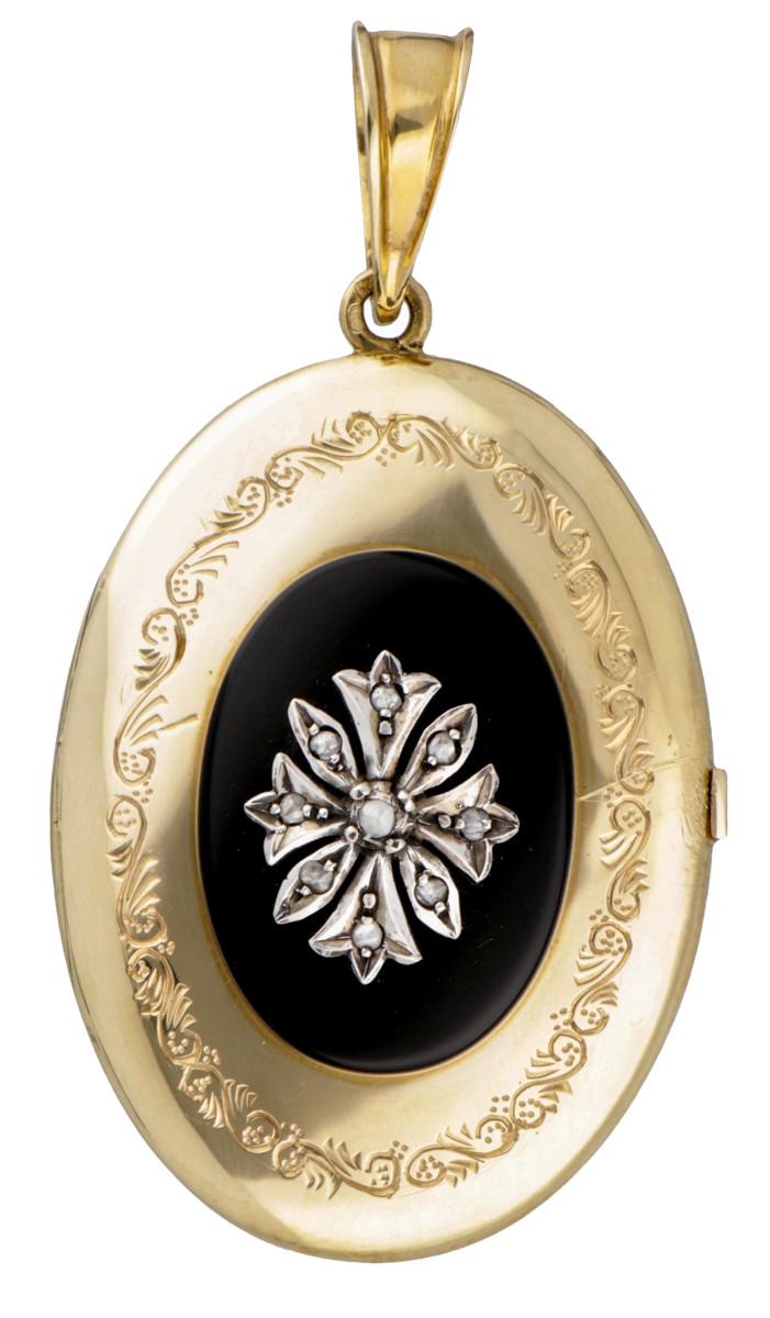 Vintage 14 kt. geelgouden medaillon hanger met diamant gezet op onyx.