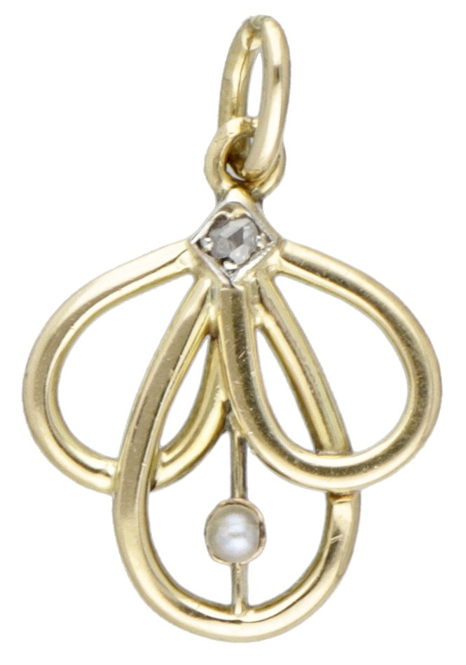 14 kt. Geelgouden vintage hanger bezet met roos geslepen diamant en zaadparel.