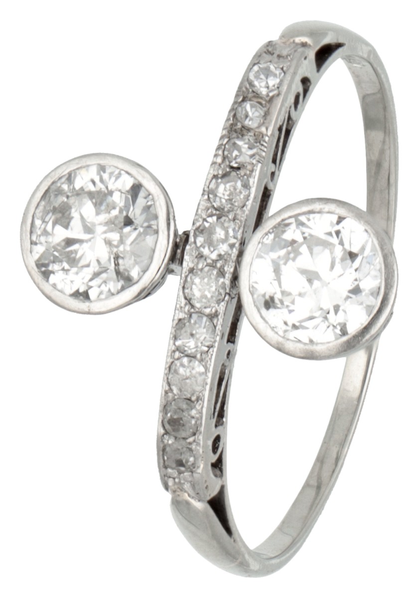 Art Deco 14K witgouden Toi & Moi ring bezet met ca. 1.00 ct. diamant.