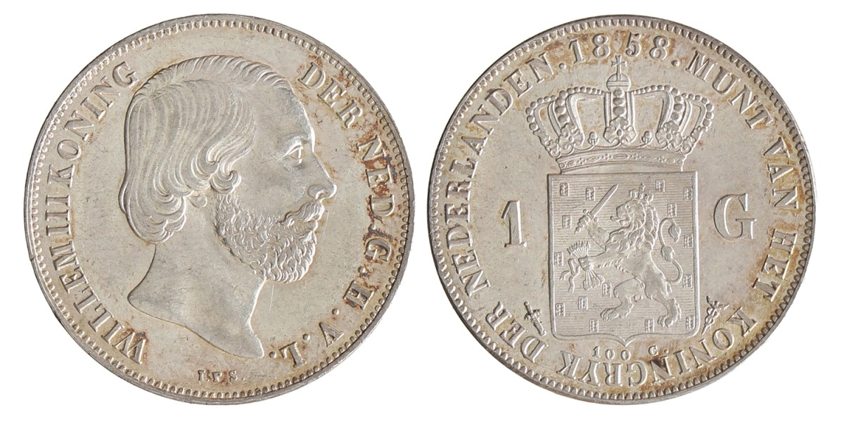 1 Gulden. Willem III. 1858. UNC -.