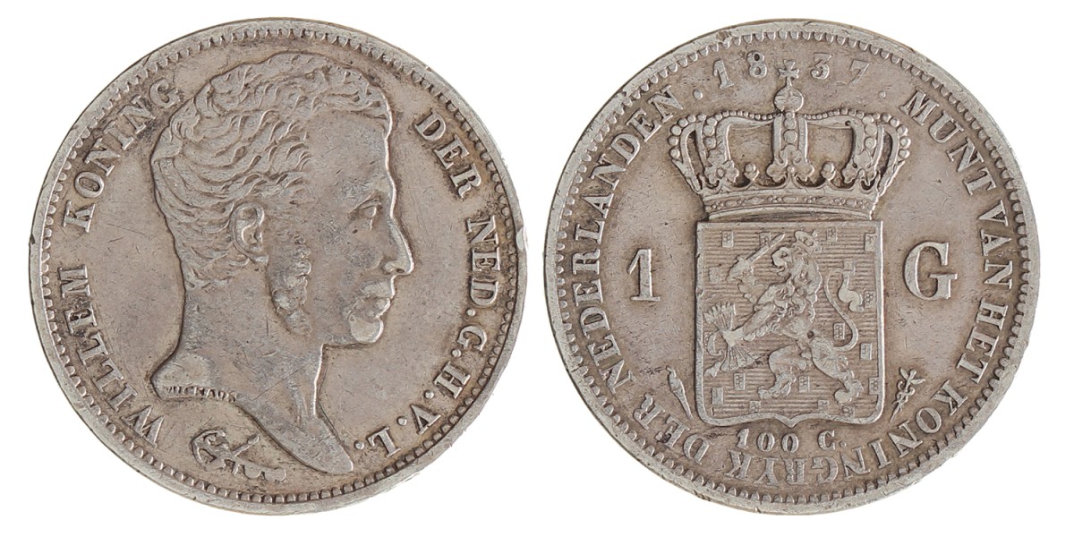 1 Gulden. Willem I. 1837. Zeer Fraai -.