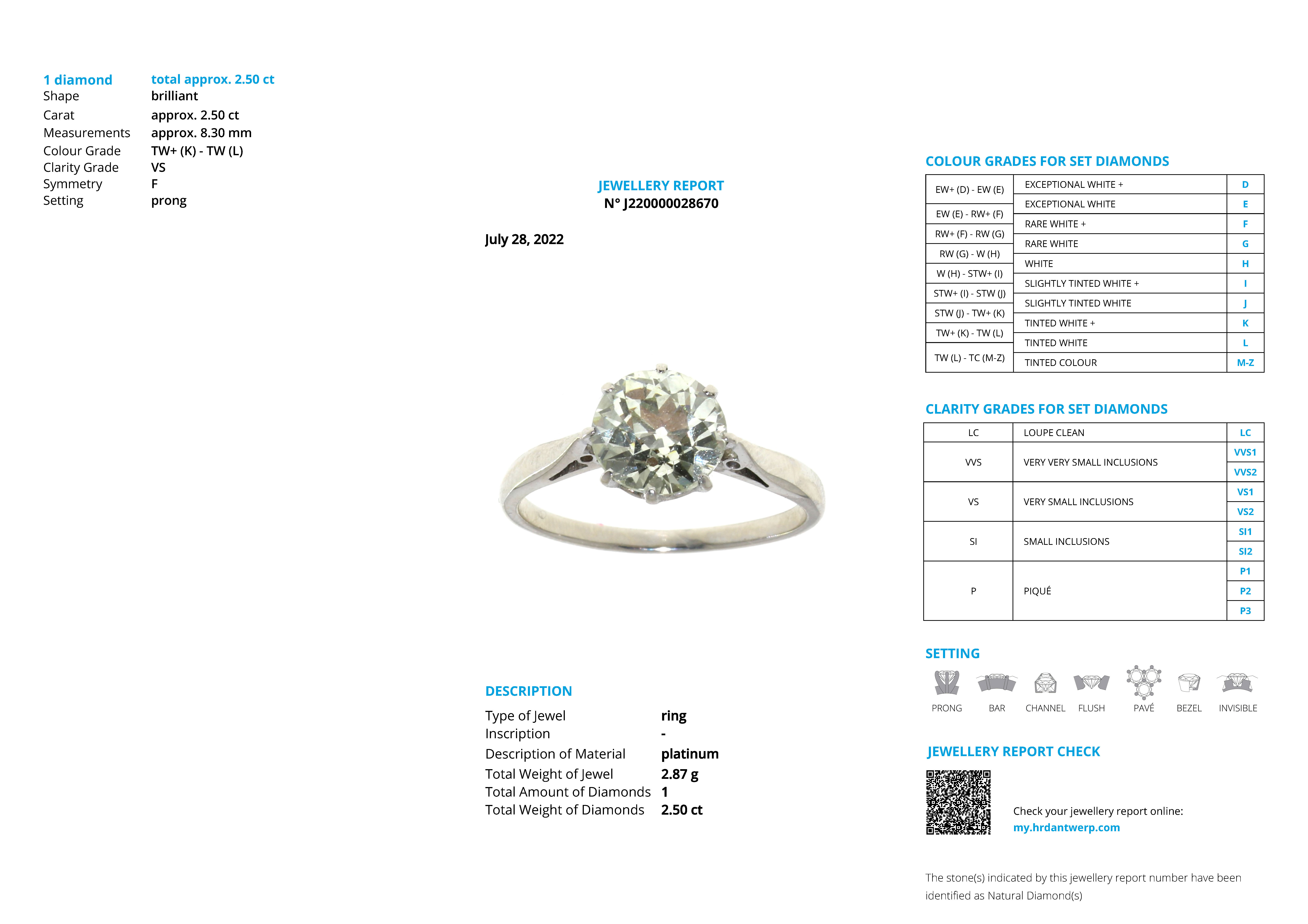 14 kt. Witgouden solitair ring bezet met ca. 2.50 ct. diamant.