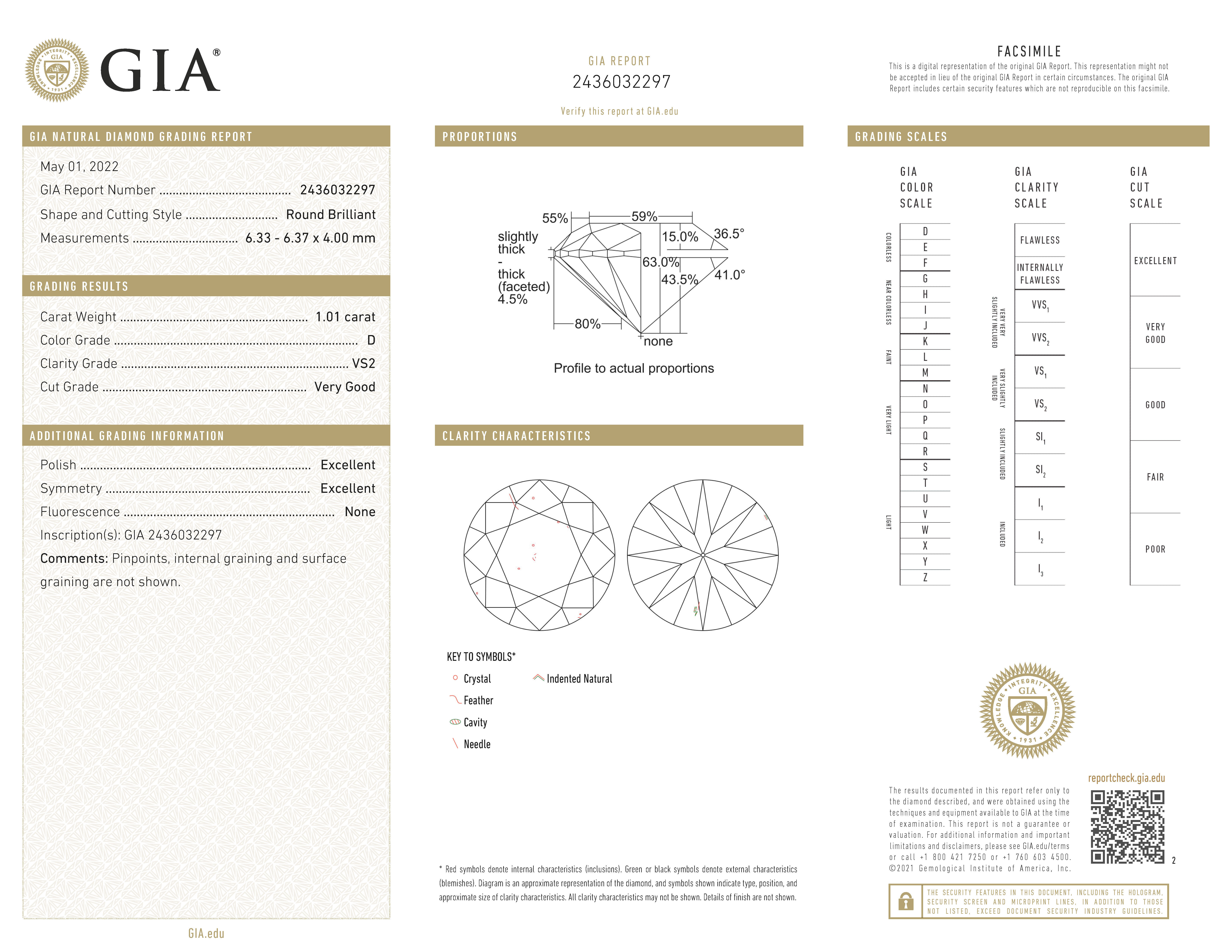 GIA-gecertificeerde 1.01 ct. rond briljant geslepen natuurlijke diamant.