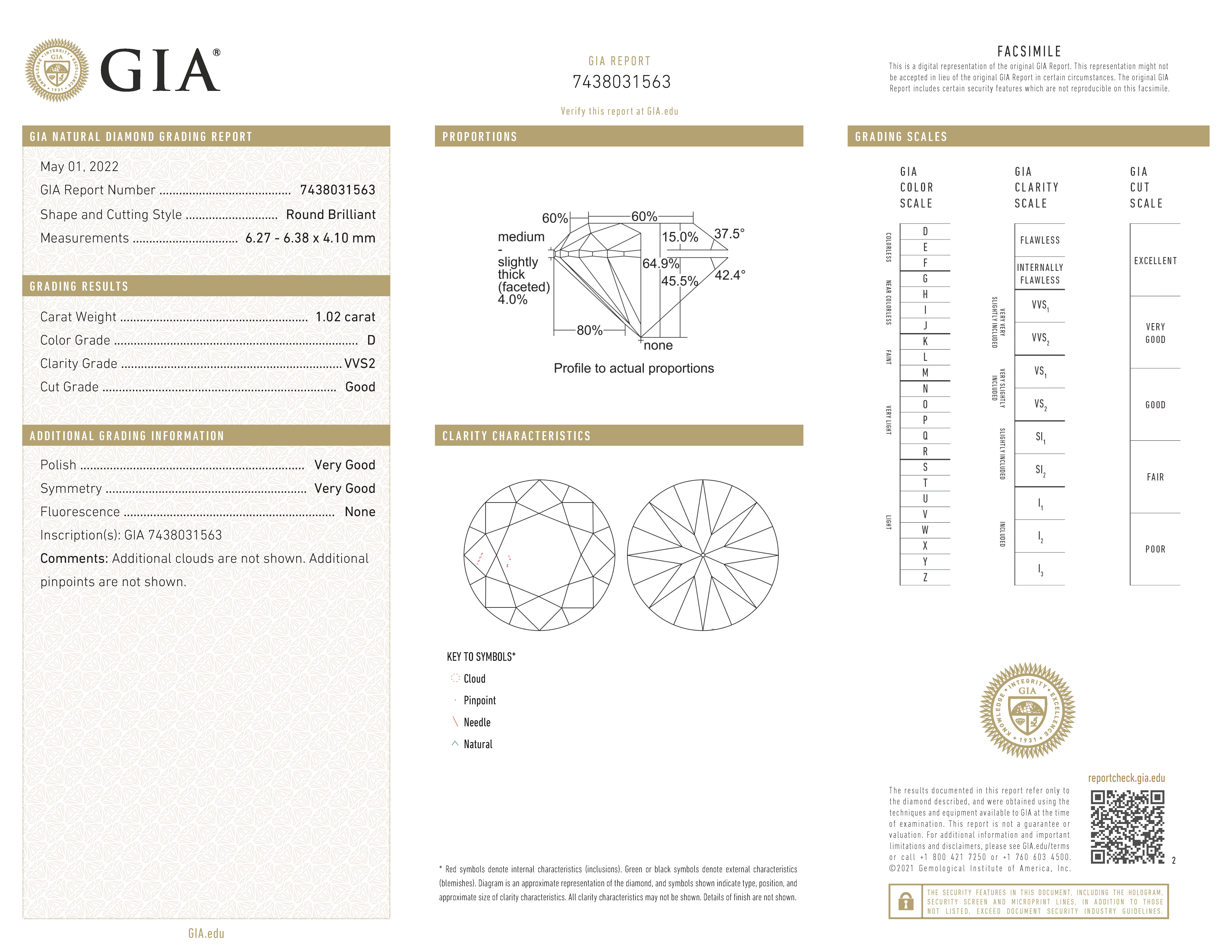 GIA-gecertificeerde 1.02 ct. rond briljant geslepen natuurlijke diamant.