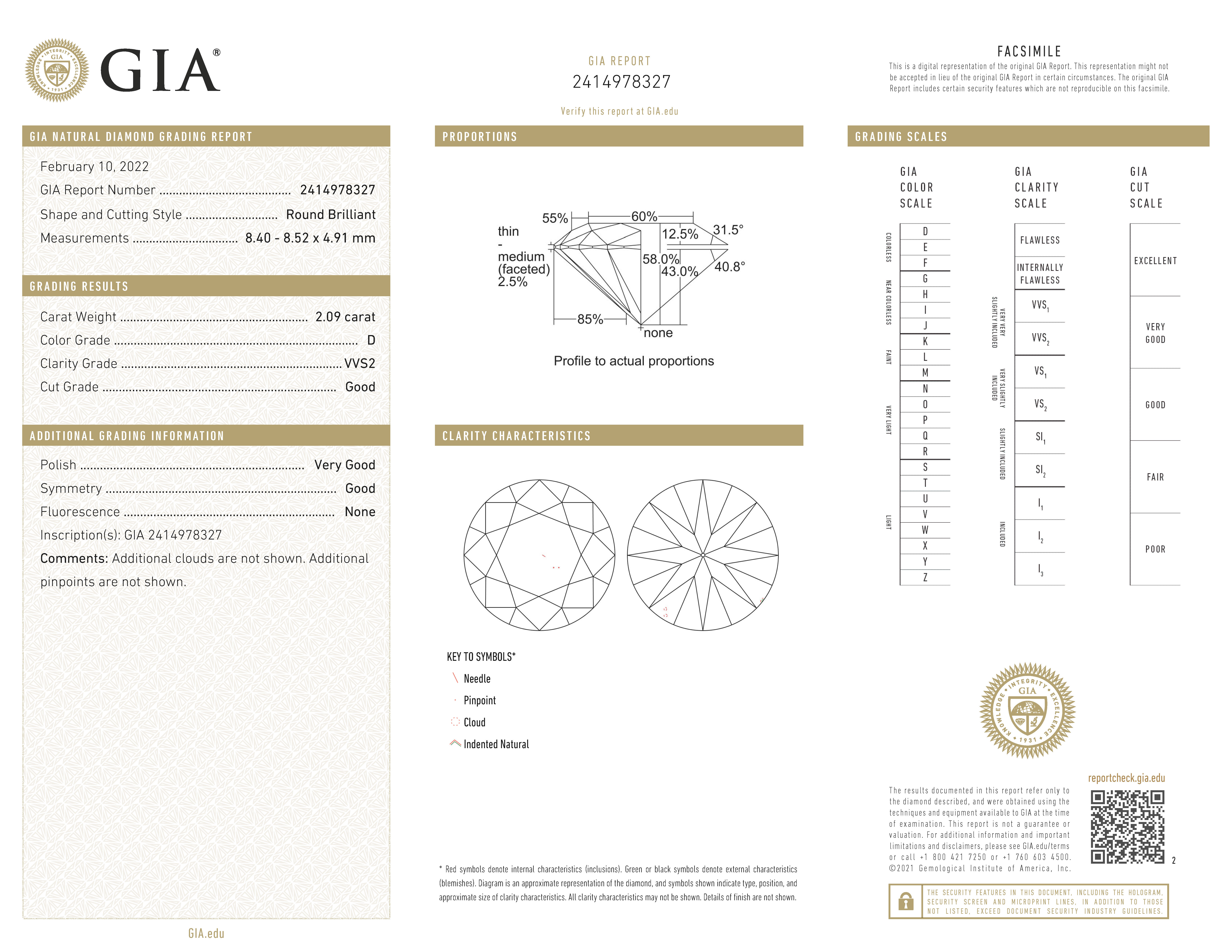 GIA-gecertificeerde 2.09 ct. rond briljant geslepen natuurlijke diamant.