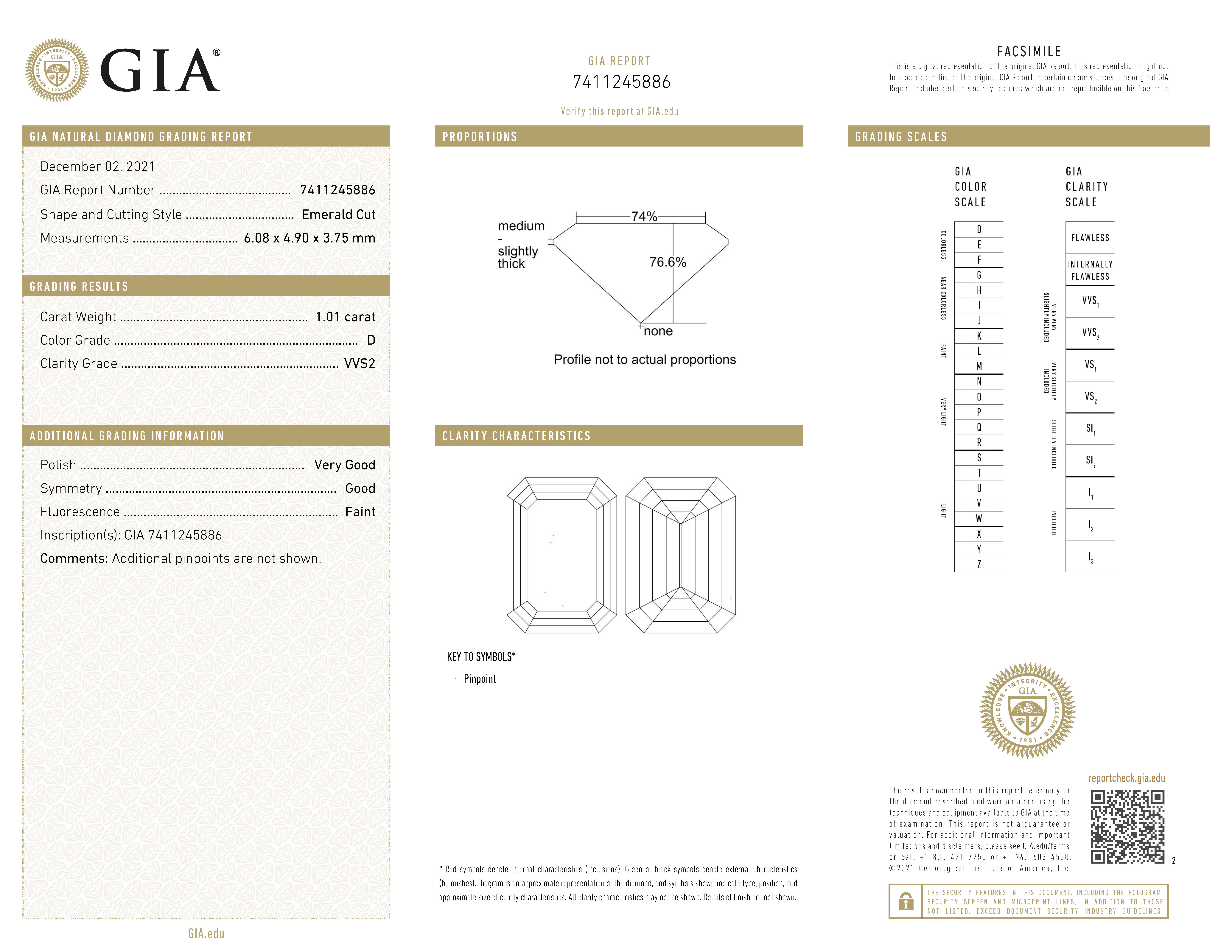 GIA-gecertificeerde 1.01 ct. emerald geslepen natuurlijke diamant.