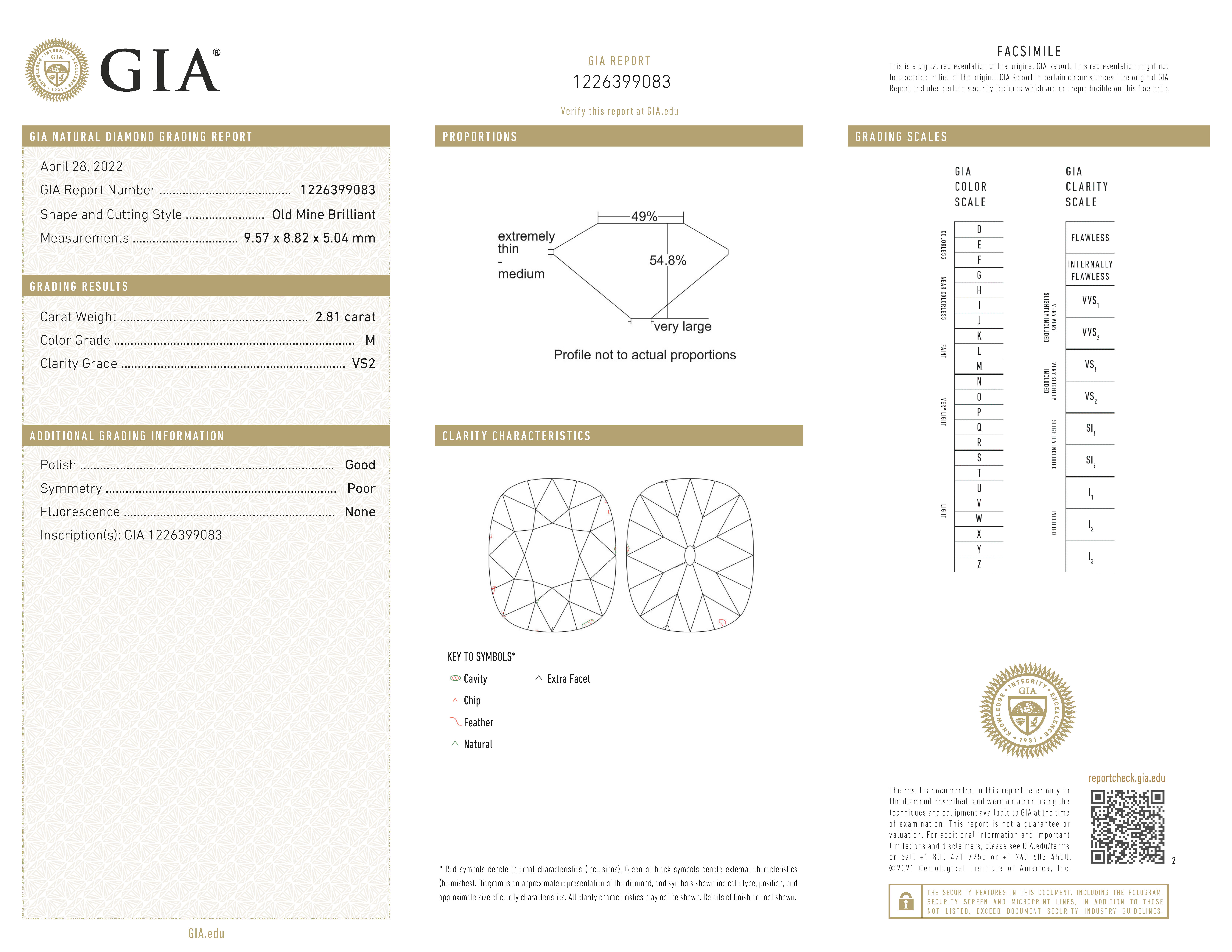 GIA-gecertificeerde 2.81 ct. old mine briljant geslepen natuurlijke diamant.