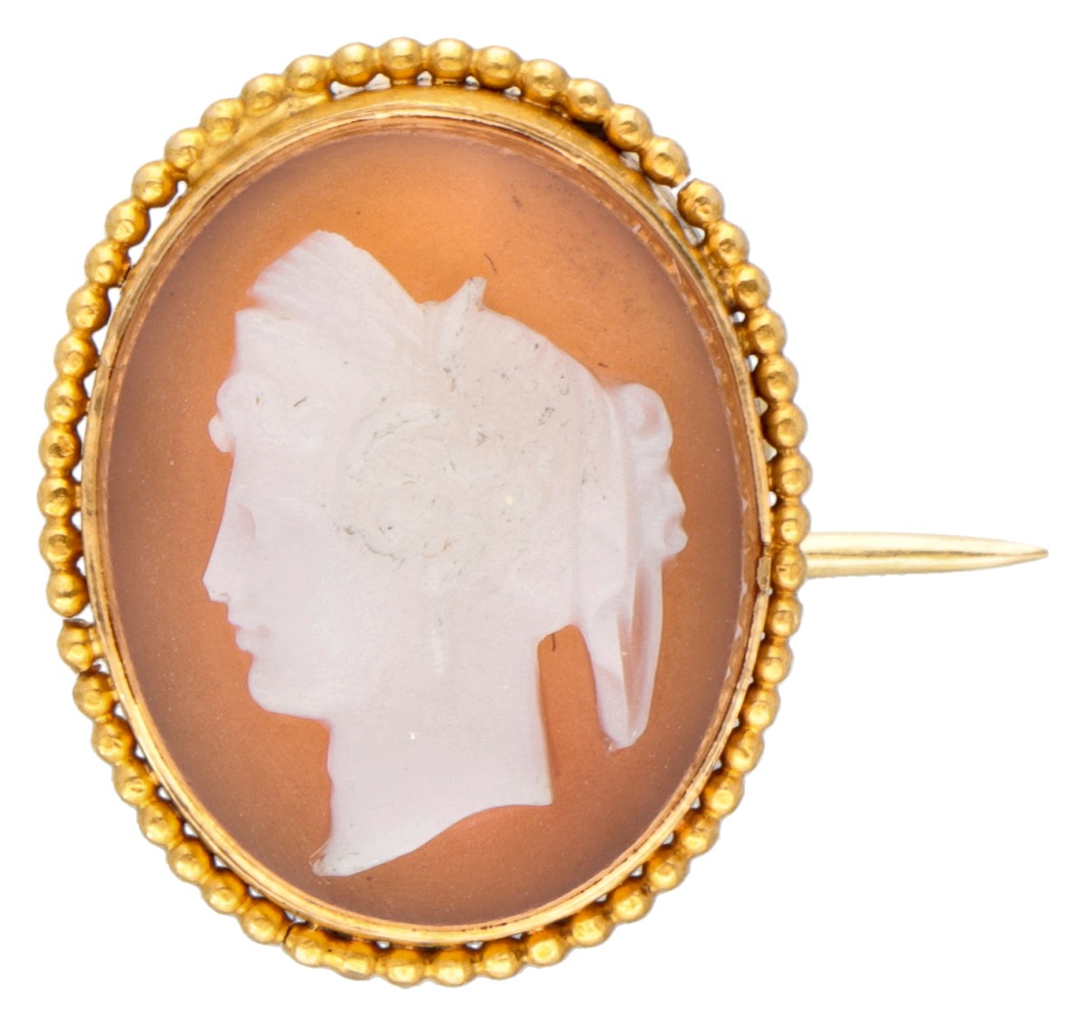 Vintage 18 kt. geelgouden camee broche met een en profil damesportret.