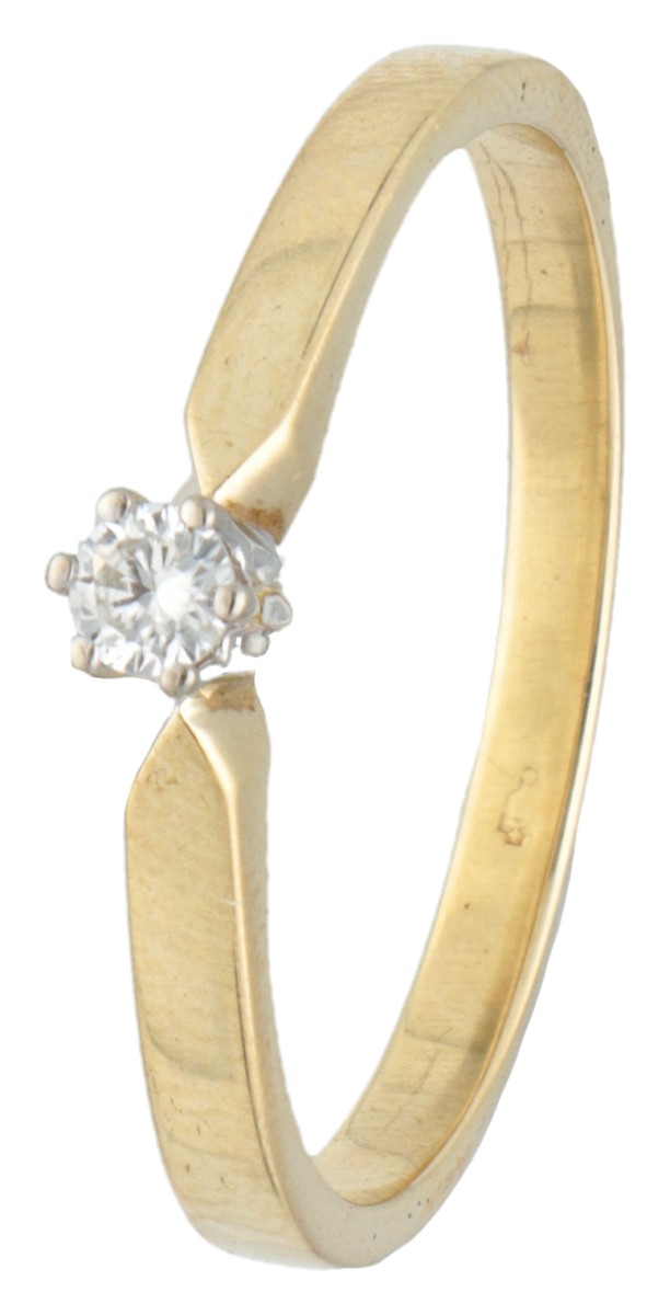 14 kt. Geelgouden solitair ring bezet met ca. 0.06 ct. diamant.