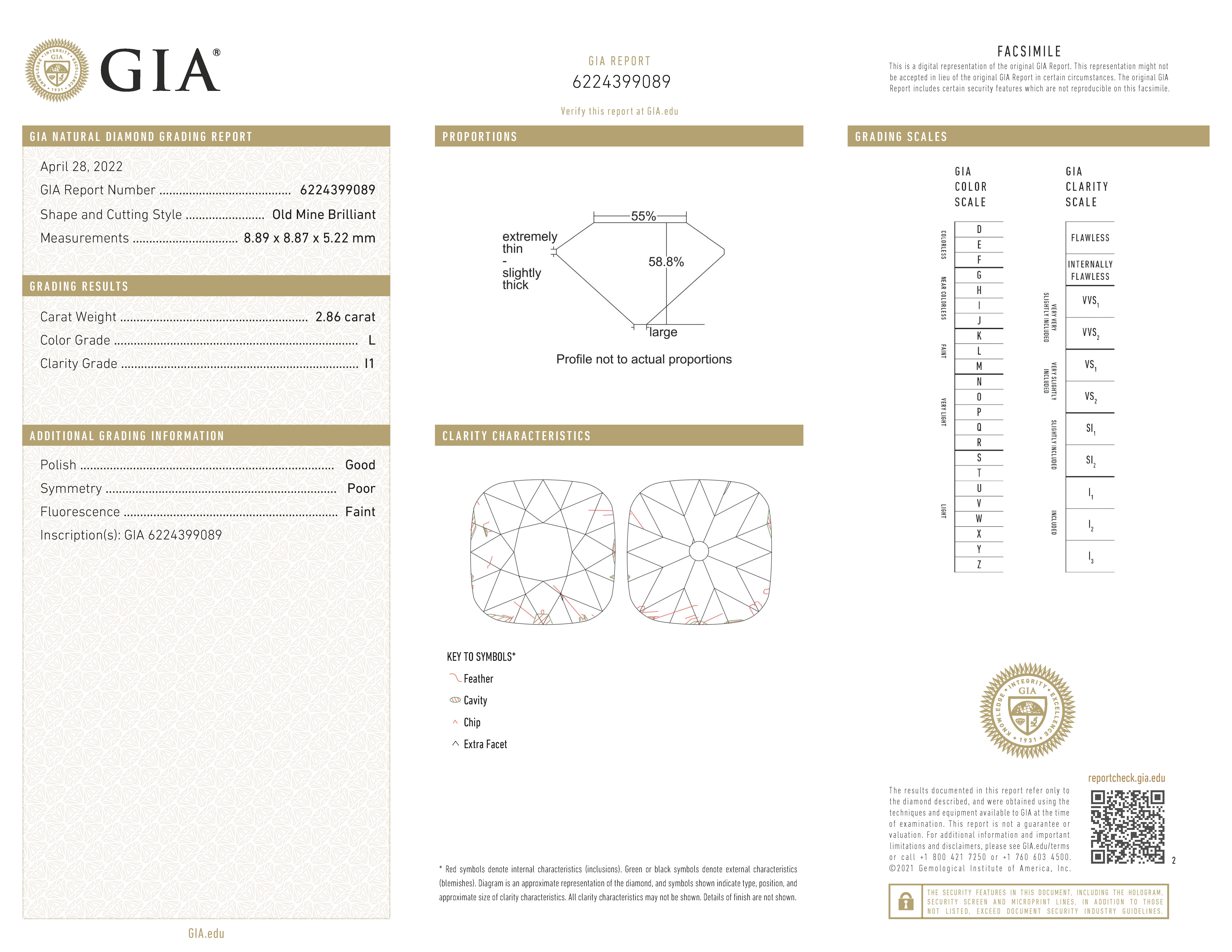 GIA-gecertificeerde 2.86 ct. old mine briljant geslepen natuurlijke diamant.