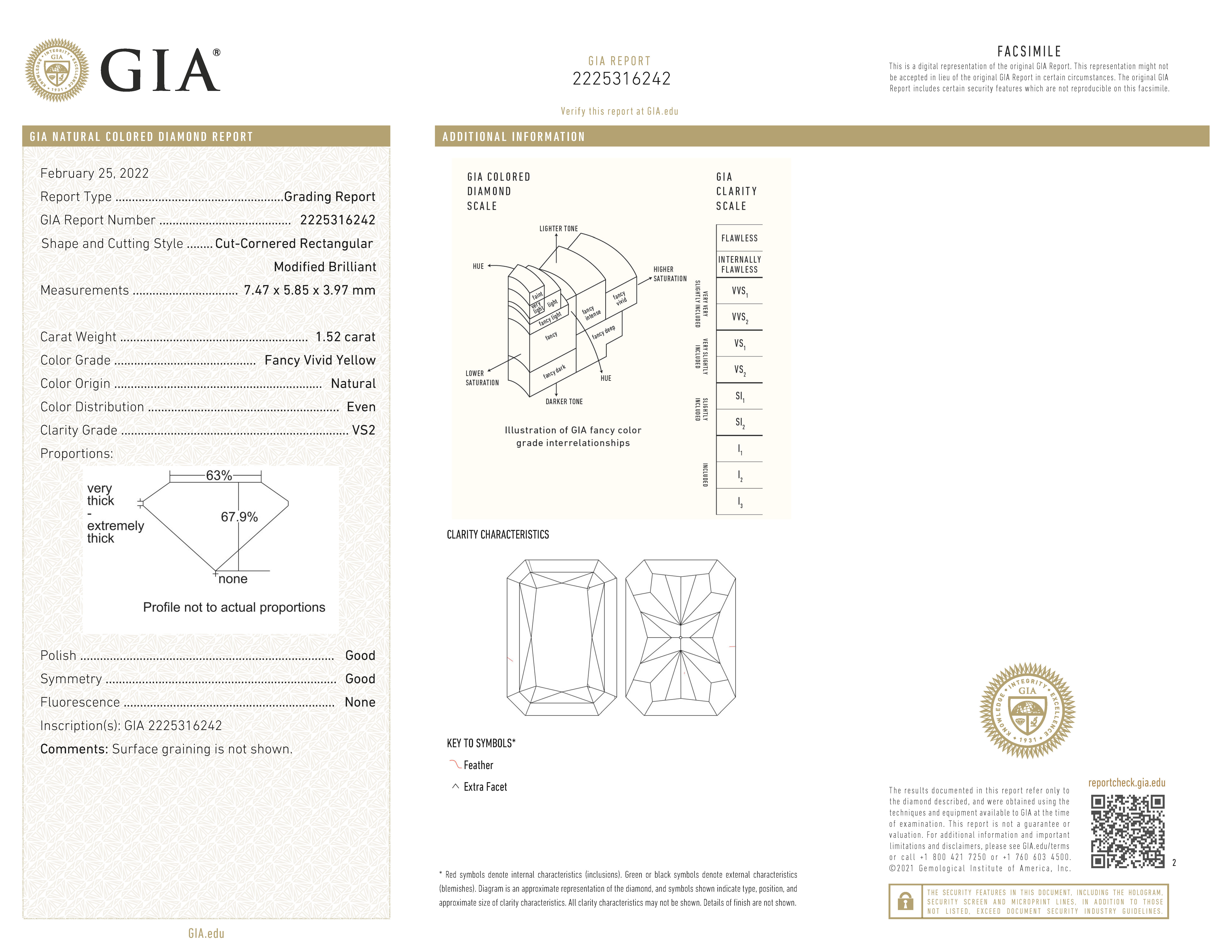 GIA-gecertificeerde 1.52 ct. 'cut-cornered' rechthoekig gemodificeerde briljant geslepen natuurlijke gele diamant.