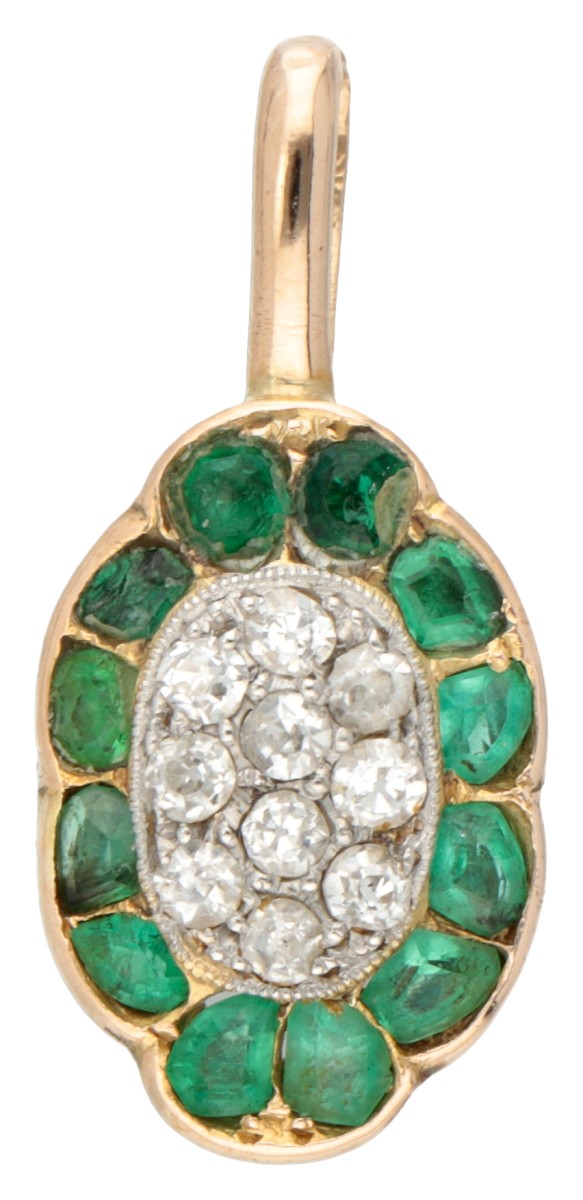 14 kt. Geelgouden hanger bezet met ca. 0.20 ct. diamant en groene edelstenen.