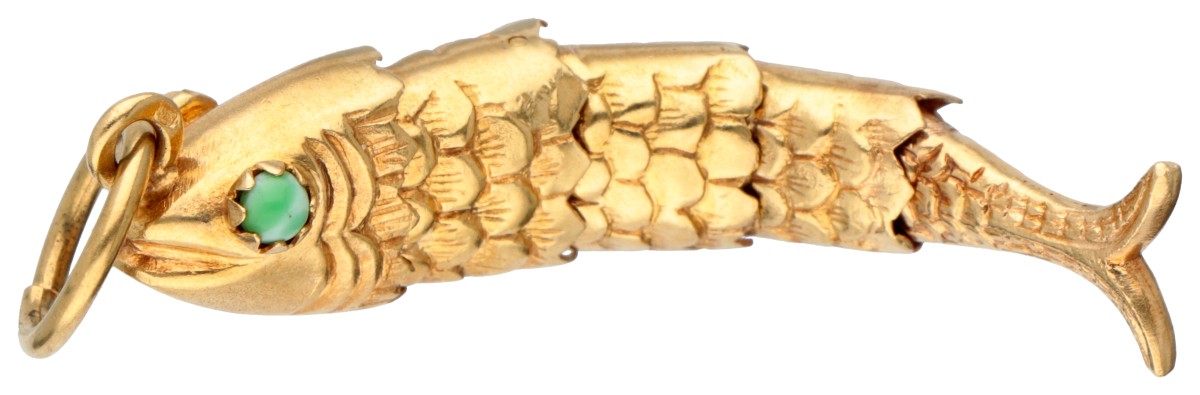 Vintage 18 kt. geelgouden flexibele vishanger met kleurstenen in de ogen.