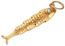 Vintage 18 kt. geelgouden flexibele vishanger met kleurstenen in de ogen.