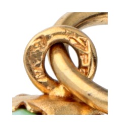 Vintage 18 kt. geelgouden flexibele vishanger met kleurstenen in de ogen.