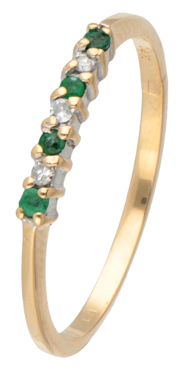 14 kt. Geelgouden rivière ring bezet met diamant en natuurlijk smaragd.