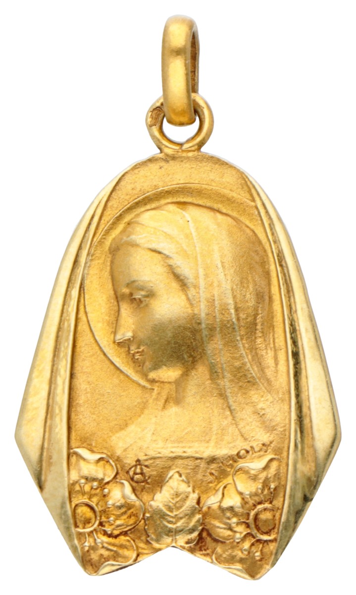 18 kt. Geelgouden Franse religieuze hanger met de voorstelling van de heilige maagd Maria, gesigneerd J. Holy en initialen AC.